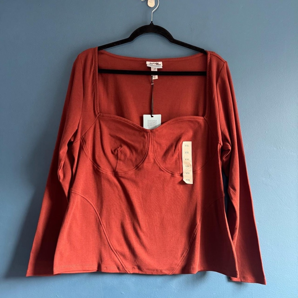 Future Collective Fitted Shirt Women's Plus Size XXL Brown Red Seamed Retro